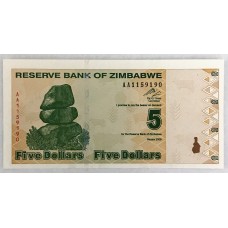 ZIMBABWE 2009 . FIVE 5 DOLLARS BANKNOTE